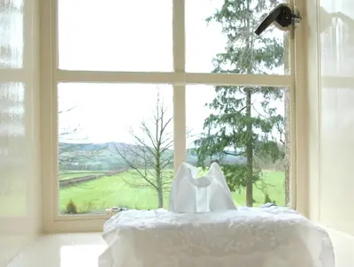 a bed in front of a window with a view at Trigony Hotel and Garden Spa in Closeburn