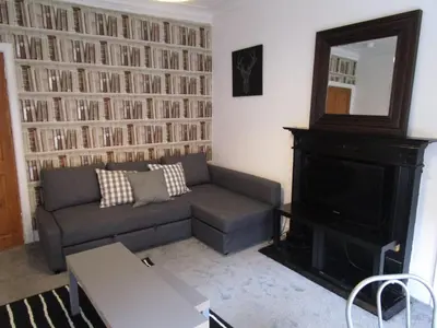 a living room with a couch and a fireplace at Westend Glasgow Apartment in Glasgow