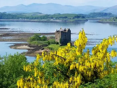 a castle on a island in a body of water at Appin Bay View in Appin