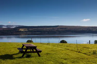 a picnic table sitting in the grass next to a lake at Birch Cottage in Blairmore