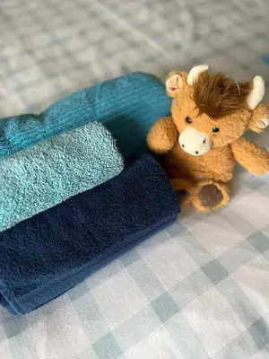 a teddy bear sitting next to a pile of towels at Midkinleith Farm Holiday Cottage in Edinburgh