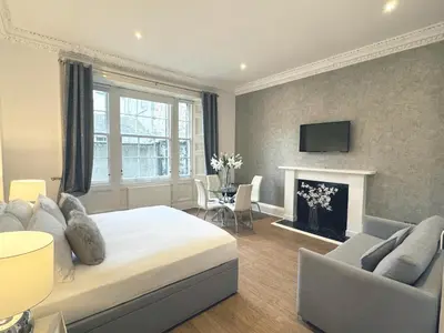 a bedroom with a large bed and a fireplace at Hanover 71 Suites in Edinburgh