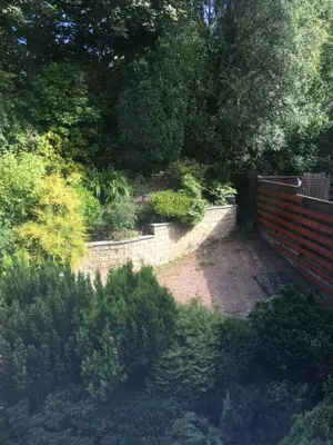 a garden with a fence and some bushes and trees at 6 Beech Court in Dunblane