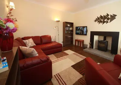 a living room with a couch and a fireplace at Ivybank Cottage in Lochgoilhead