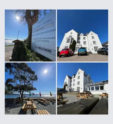 four pictures of a building with a sign and a car at The Grey Gull Hotel in Ardrishaig