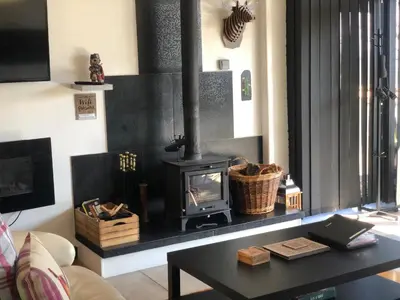 a living room with a fireplace and a coffee table at loch lomond apartments in Alexandria