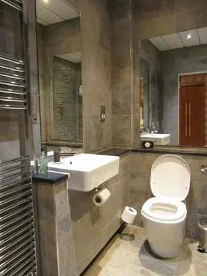 a bathroom with a white toilet and a sink at The Craigie Hotel in Penicuik