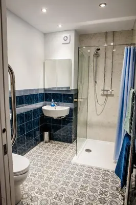 a bathroom with a sink and a shower and a toilet at Shelburne Lodge in Cairnbaan