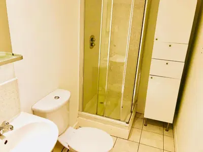 a bathroom with a shower and a toilet and a sink at Glasgow Central Station SKYLINE Apartment with Parking (2 bedrooms, 2 bathrooms, 1 living room-Kitchen) in Glasgow