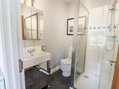 a bathroom with a toilet and a sink and a shower at Glen Euchar House in Kilninver