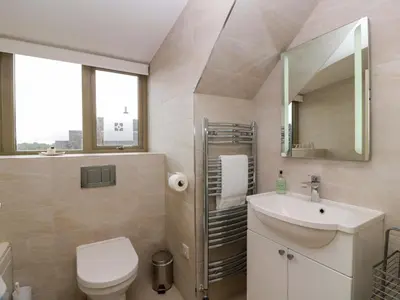 a bathroom with a toilet and a sink and a mirror at Muirmailing Cottage in Plean