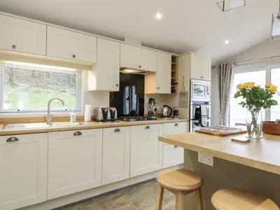 a kitchen with white cabinets and a counter at Woodstock Lodge in Skelmorlie