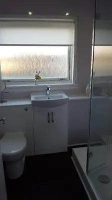 a bathroom with a sink and a toilet and a window at Flemming Place in East Kilbride