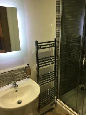 a bathroom with a sink and a shower at The Torfin in Edinburgh