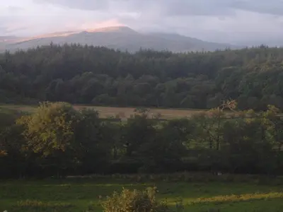 a field with trees and mountains in the distance at Silver Ridge, 2 House O` Hill in Newton Stewart