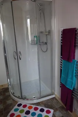 a shower stall in a bathroom with a colorful rug at 3 Knocknaha Cottage in Campbeltown