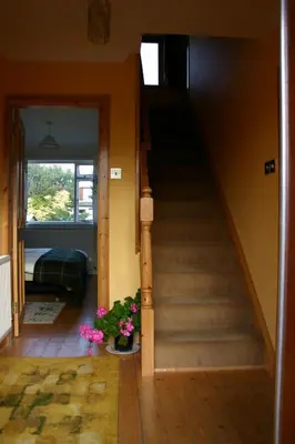 a staircase in a house with a potted plant at Garden Cottage in Prestwick