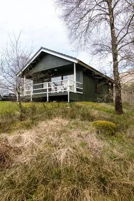 a green house on a hill with trees and grass at Heron Lodge sleeps up to 4 with free wifi in Crianlarich