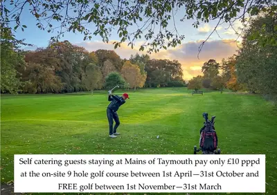 a man swinging a golf club on a golf course at Mains of Taymouth Country Estate 4* Houses in Kenmore
