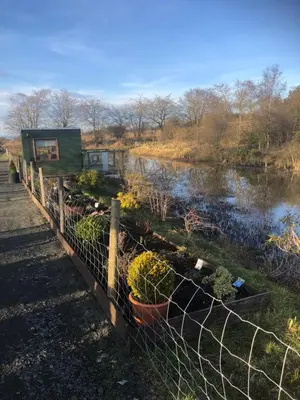 a garden with plants in a fence next to a pond at Fairview Bed and Breakfast in Airdrie