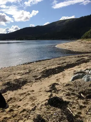 a beach with a body of water and mountains at 35 Glenfinart Park in Dunoon