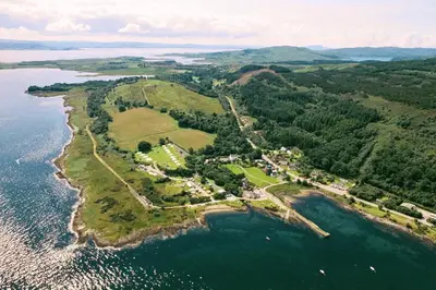 an aerial view of a island in the water at Shieling Holidays Mull in Craignure