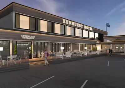 a rendering of a building with tables and chairs at The Redhurst Hotel Glasgow in Giffnock