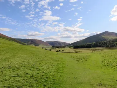 a green field with mountains in the background at Nettlebush Cottage-Uk5629 in Drummelzier
