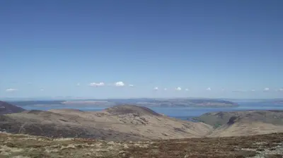 a view of the ocean from the top of a mountain at Lochranza Youth Hostel in Lochranza
