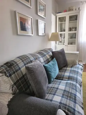 a couch with pillows on it in a living room at Dean Village Cottage in Edinburgh