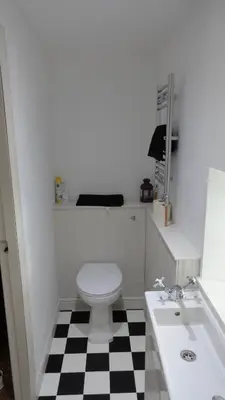 a bathroom with a white toilet and a sink at Charming cottage with loch and hill views nr Edinburgh in Cobbinshaw