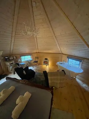 an overhead view of a room in a tiny house at Aos Sí Lodges in Ballachulish