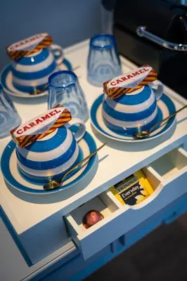 a table with blue and white plates with food on them at No. 53 Frederick Street in Edinburgh