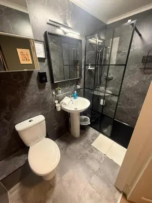a bathroom with a toilet and a shower and a sink at Balmore Guest House in Edinburgh