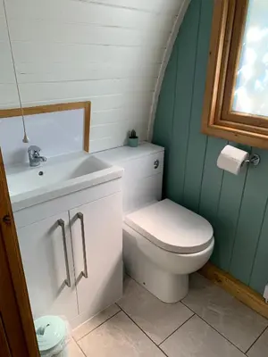 a bathroom with a toilet and a sink at Kersebrock Kabins in Falkirk