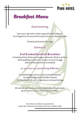 a menu for a park house with a pink at The Park Hotel in Dunoon