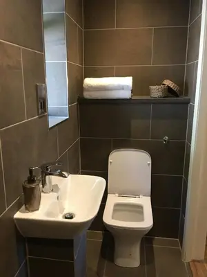 a bathroom with a white toilet and a sink at Rosemount Boutique B&B in Lanark