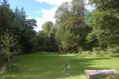 a garden with a tree in the middle of a field at Waterfall Lodge - private waterfall and sauna in Killin