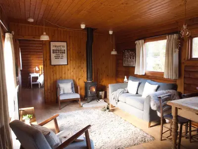 a living room with a couch and a stove at Hillside Log cabin, Ardoch Lodge, Strathyre in Strathyre