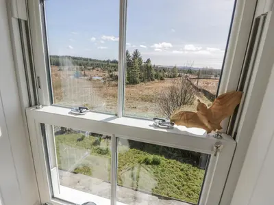 a window with a view of a field at Corrafeckloch Forest Cottages in Bargrennan