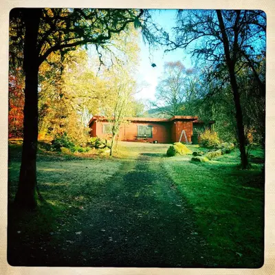 a house in the middle of a yard with trees at Woodside Logcabin Ardoch Lodge in Strathyre