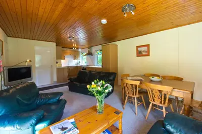 a living room with a couch and a table and chairs at Kestrel Lodge with mountain view free wifi in Crianlarich