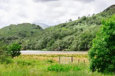 a view of a river with mountains in the background at Lapwing Lodge with loch and mountain view in Crianlarich