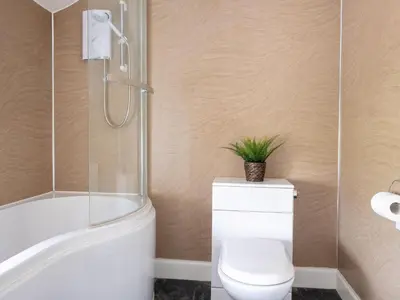 a bathroom with a white toilet and a shower at High Ranachan in Campbeltown