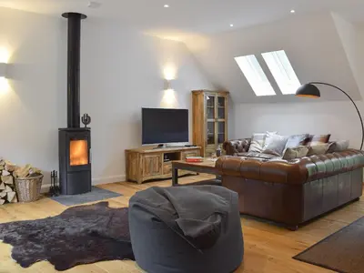 a living room with a leather couch and a fireplace at Anemone in Kenmore
