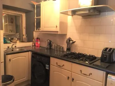 a kitchen with a stove and a washing machine at The Clacks Rustic Abode in Tillicoultry