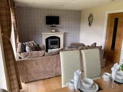 a living room with a couch and a fireplace at Balmaha Lodges and Apartments in Balmaha