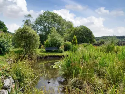 a park bench sitting next to a small pond at Low Cordorcan - Uk5891 in Bargrennan
