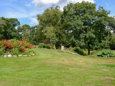 a garden with a grass field and trees and flowers at Low Cordorcan - Uk5891 in Bargrennan