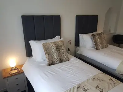 two twin beds in a room with a lamp on a table at Riverside Apartments in Carluke